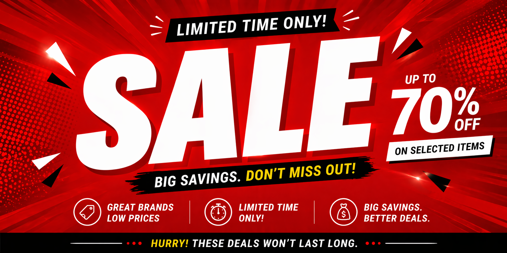 Promotional sale banner with text and icons on a red background
