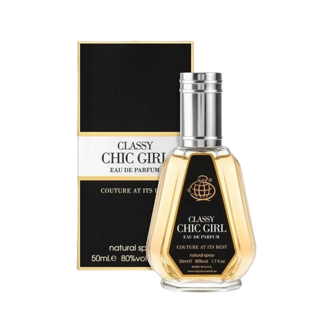 Sophisticated bottle of Classy Chic Girl EDP by Fragrance World, showcasing floral and rich gourmand notes.