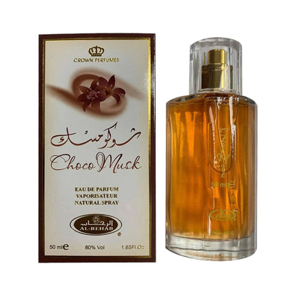 Stylish bottle of Choco Musk Eau De Parfum by Al Rehab, displaying its amber-colored juice, ideal for chocolate scent lovers.