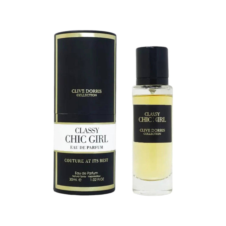 Elegant perfume bottle of Classy Chic Girl by Fragrance World, displaying its luxurious simplicity and the essence of tuberose and jasmine highlighted.