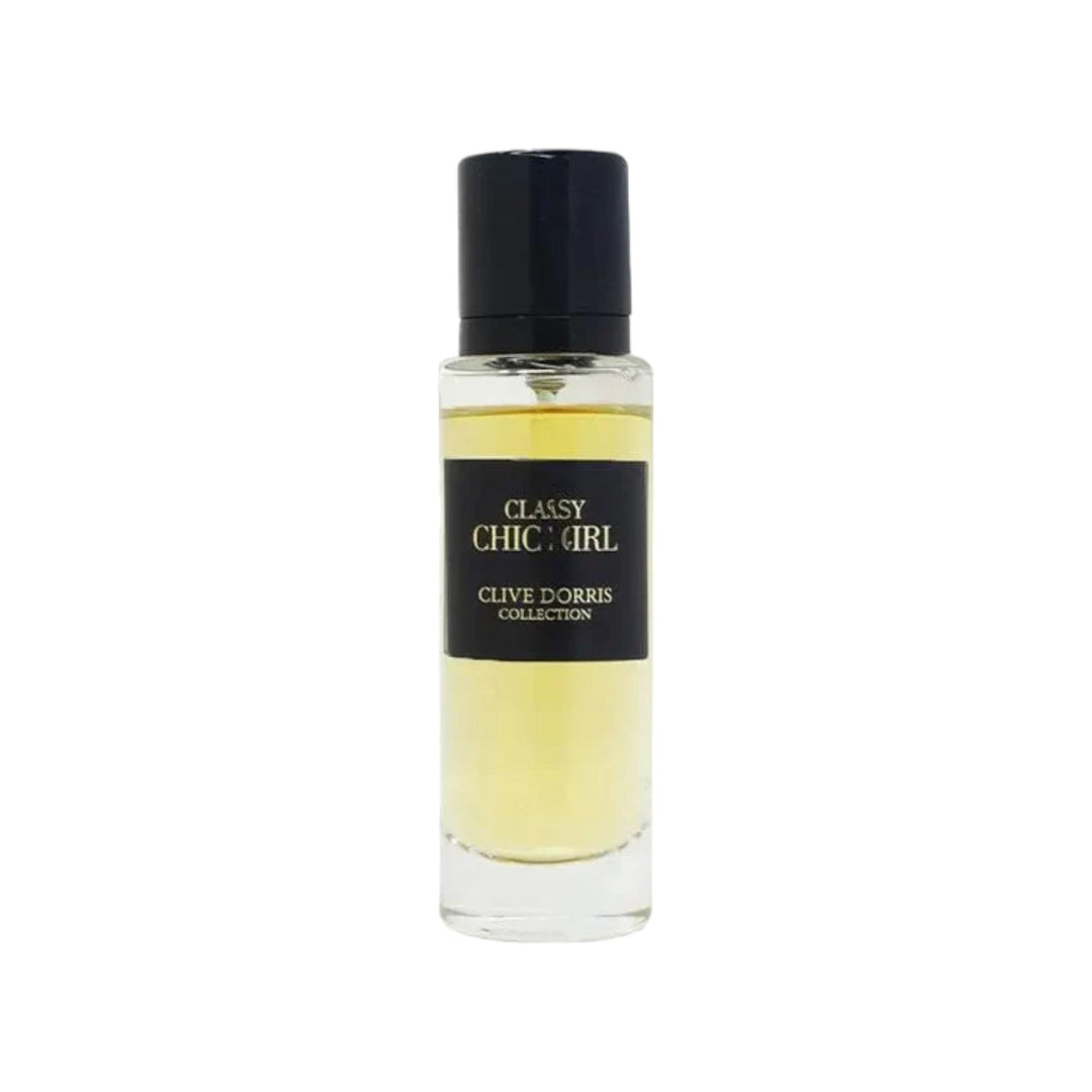 Elegant perfume bottle of Classy Chic Girl by Fragrance World, displaying its luxurious simplicity and the essence of tuberose and jasmine highlighted.