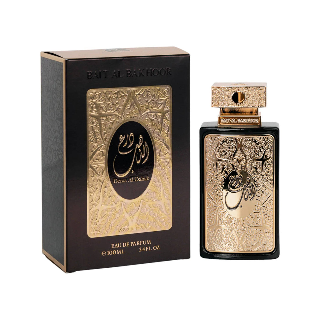 Luxurious 100ml bottle of Bait Al Bakhoor Deraa Al Dahab Eau De Parfum, symbolizing the blend of synthetic and oriental scents for a unisex appeal.