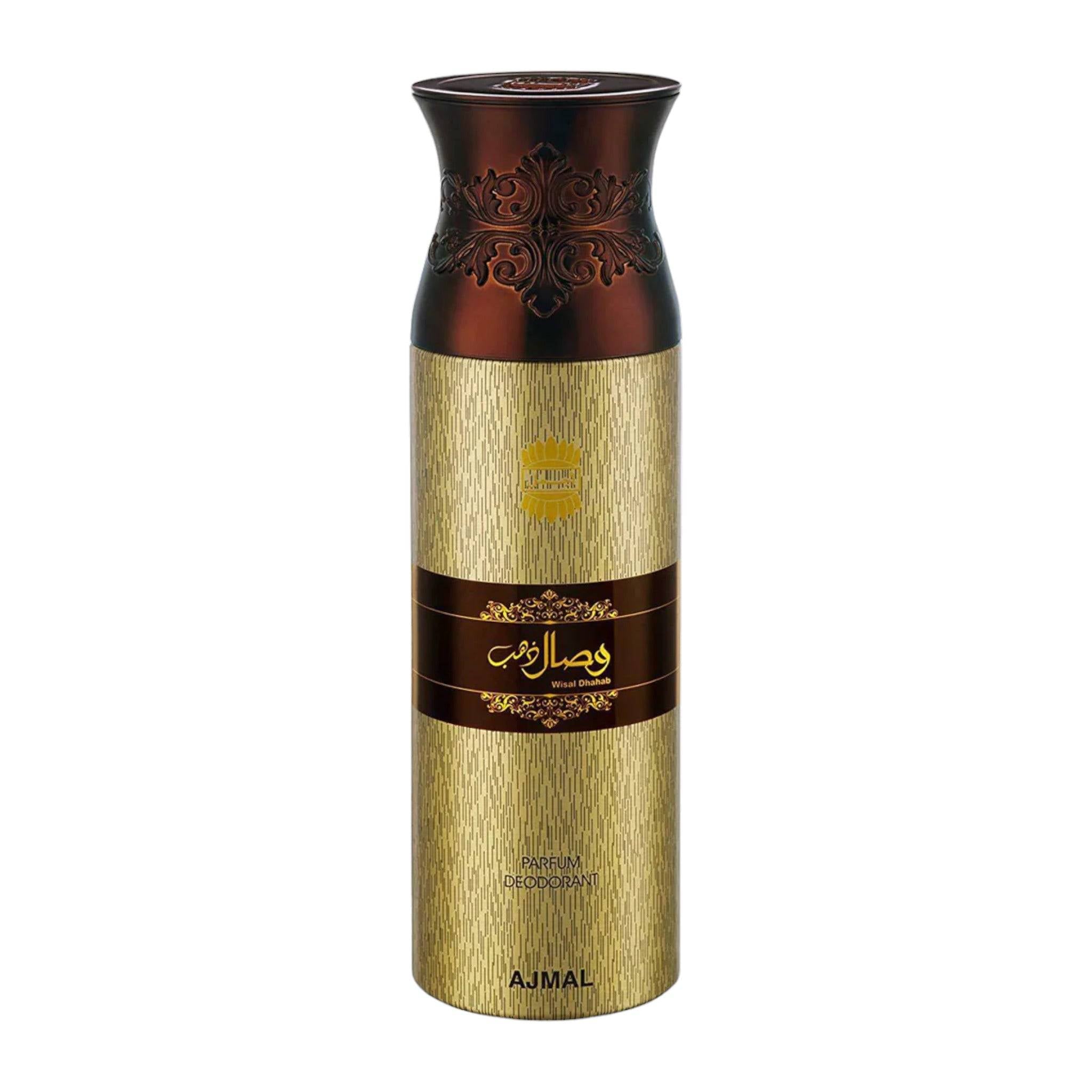 Image of Ajmal Wisal Dhahab Deodorant Bottle - "Elegant gold-toned deodorant bottle."