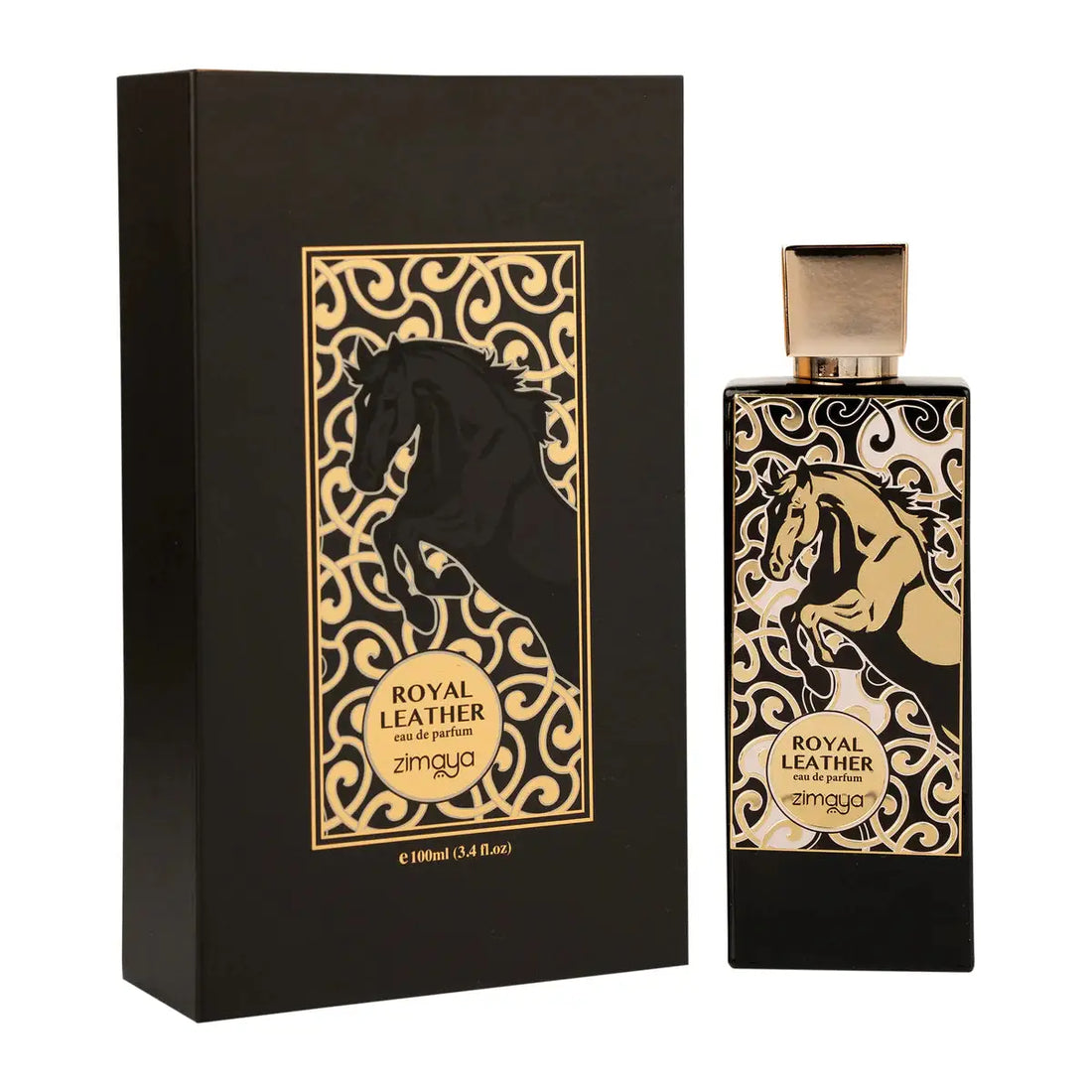 Elegant 100ml bottle of Zimaya Royal Leather Eau De Parfum, showcasing its luxurious design and the essence of sophistication.
