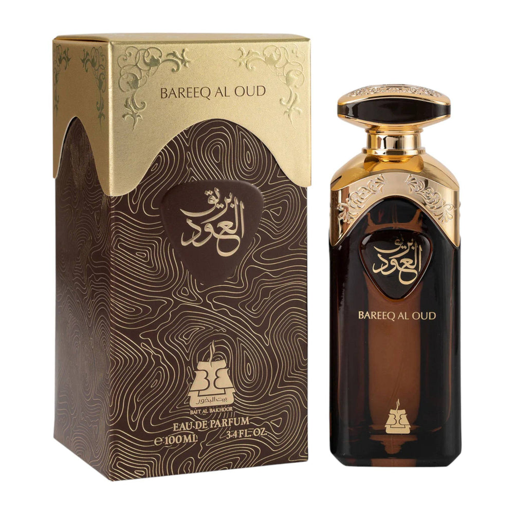 Sophisticated 100ml bottle of Bait Al Bakhoor Bareeq Al Oud Eau De Parfum, representing the unisex appeal and elegant essence of the fragrance.