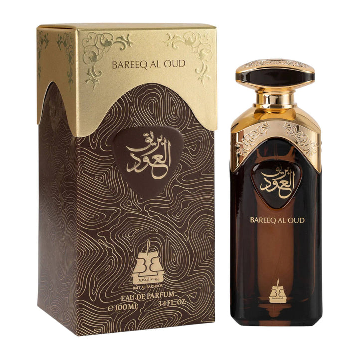 Sophisticated 100ml bottle of Bait Al Bakhoor Bareeq Al Oud Eau De Parfum, representing the unisex appeal and elegant essence of the fragrance.