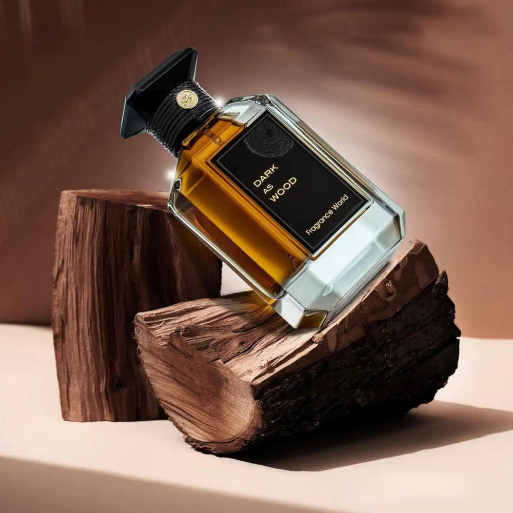 Ingredients spotlight on Dark As Wood Perfume, highlighting red berries, guaiac wood, and vanilla.