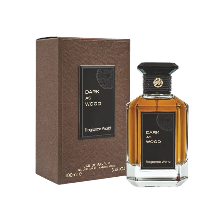 Dark As Wood Eau De Parfum bottle by Fragrance World, showcasing its luxurious and deep woody scent.