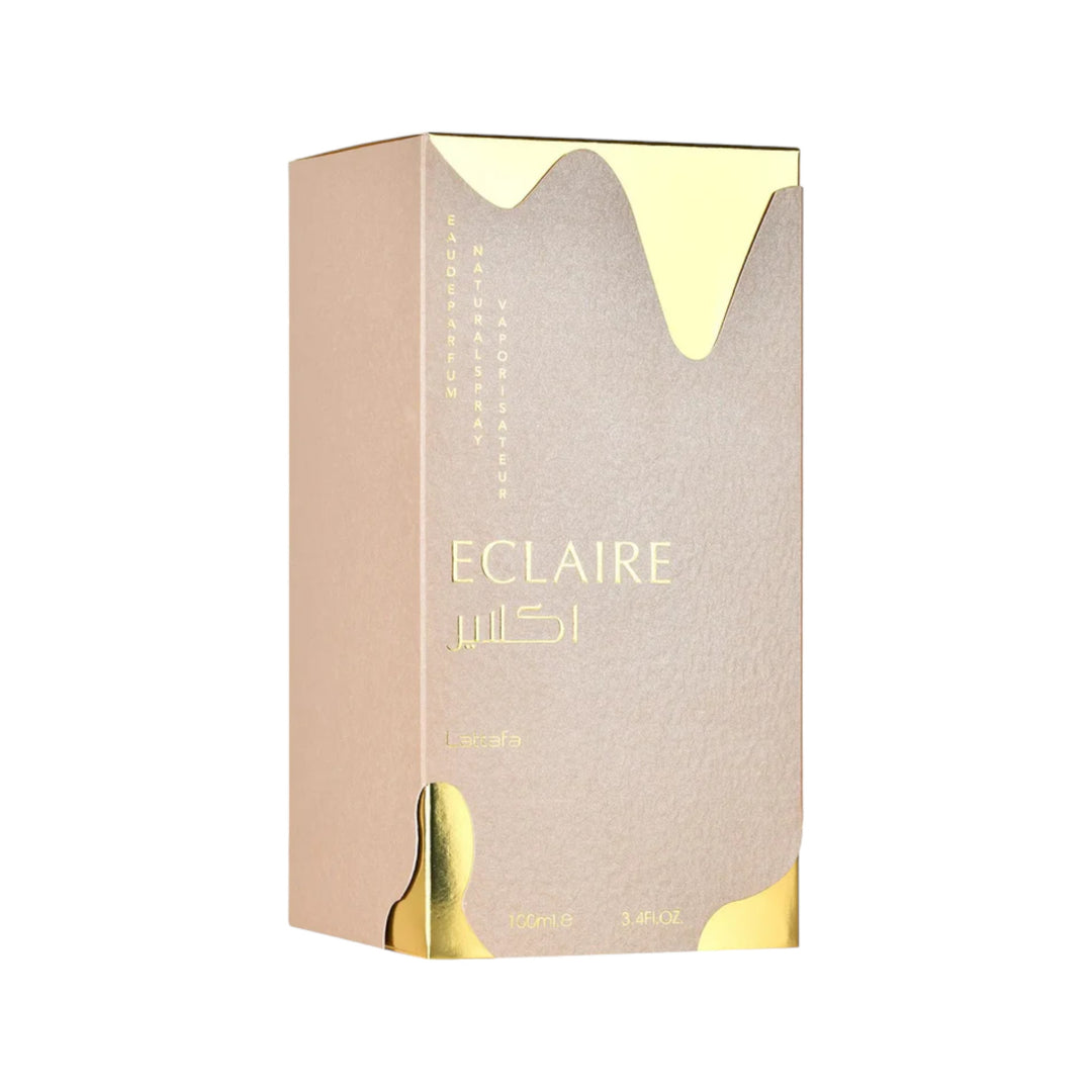 Elegant bottle of Eclaire Perfume 100ml Eau De Parfum by Lattafa, featuring a sleek, modern design with gold accents. Perfectly captures the luxury and allure of Arabian fragrances, ideal for any occasion.