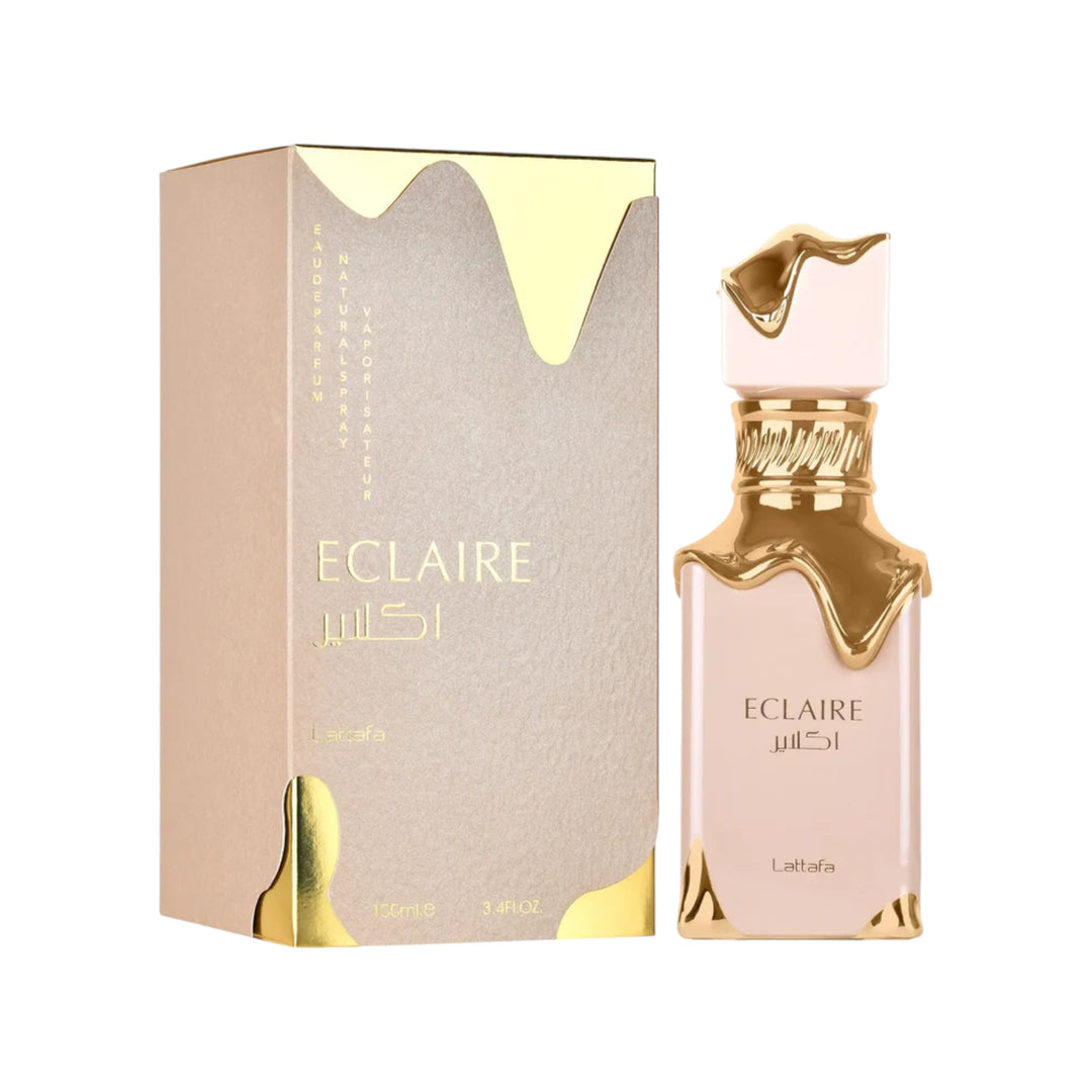 Elegant bottle of Eclaire Perfume 100ml Eau De Parfum by Lattafa, featuring a sleek, modern design with gold accents. Perfectly captures the luxury and allure of Arabian fragrances, ideal for any occasion.