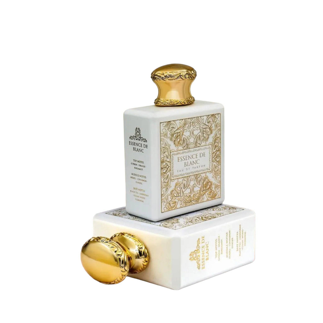 Sleek bottle of Essence De Blanc men's perfume, symbolizing the adventurous spirit and luxurious essence of the fragrance.