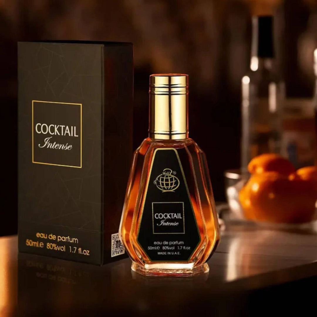 Elegant bottle of Cocktail Intense Perfume by Fragrance World, showcasing its luxurious design and sophisticated scent notes.