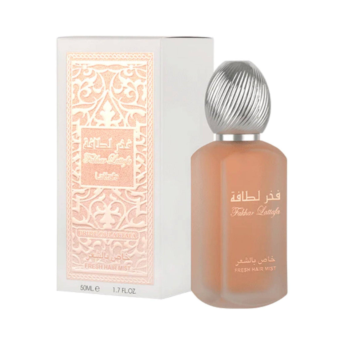 Fakhar Lattafa Fresh Hair Mist 50ml bottle surrounded by its scent notes of fruits, flowers, and warm vanilla.