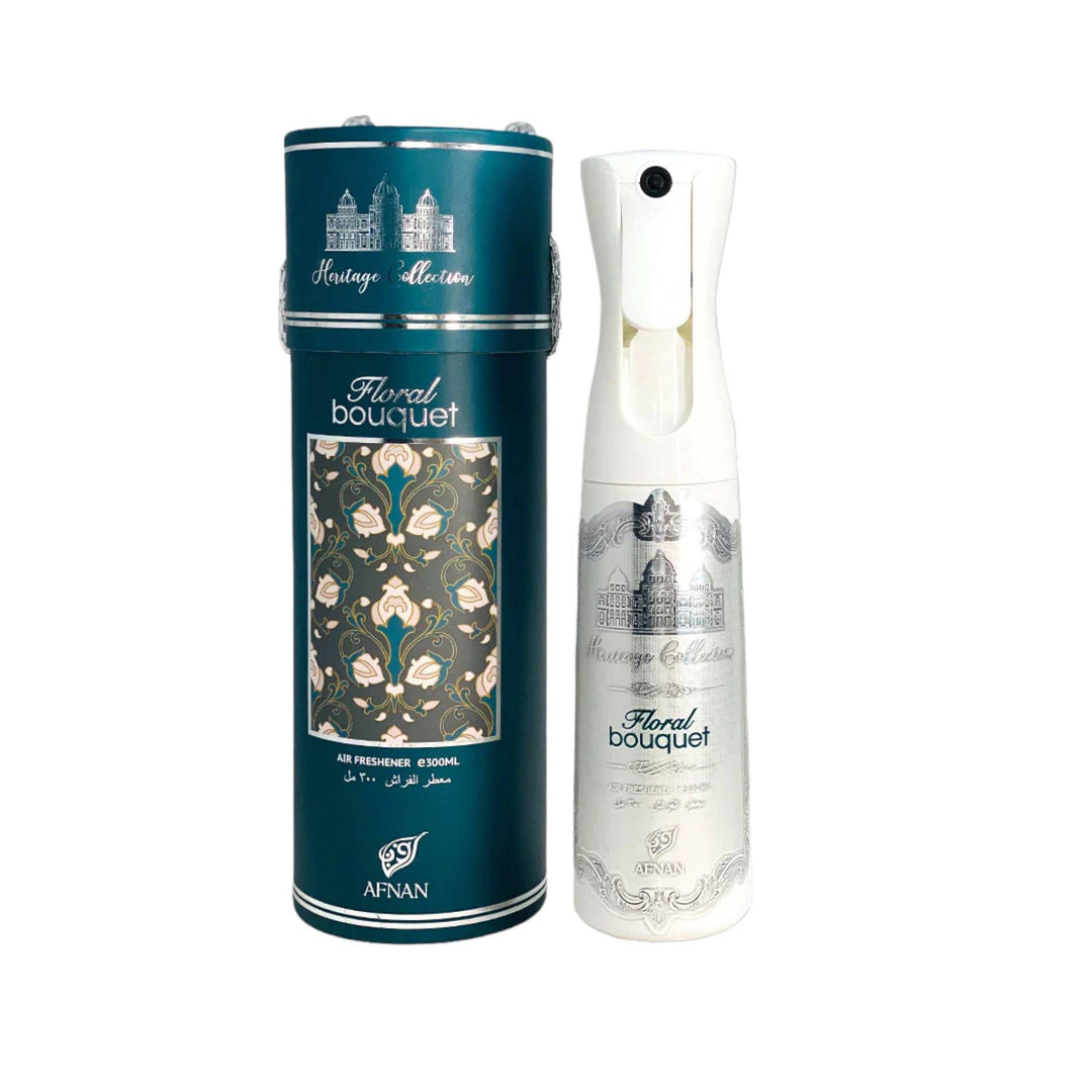 Charming 300ml bottle of Afnan Heritage Collection Floral Bouquet Air Freshener, showcasing its elegant design and the essence of a floral garden.