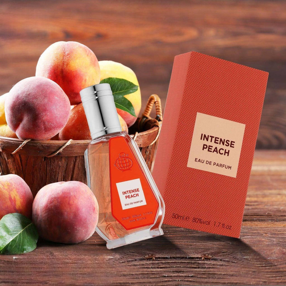 Intense Peach Eau De Parfum bottle by Fragrance World, embodying a luxurious blend of amber, vanilla, and lush peach notes.