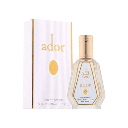 Sleek bottle of Ador Eau De Parfum by Fragrance World, exuding luxury with its golden hue and elegant design.