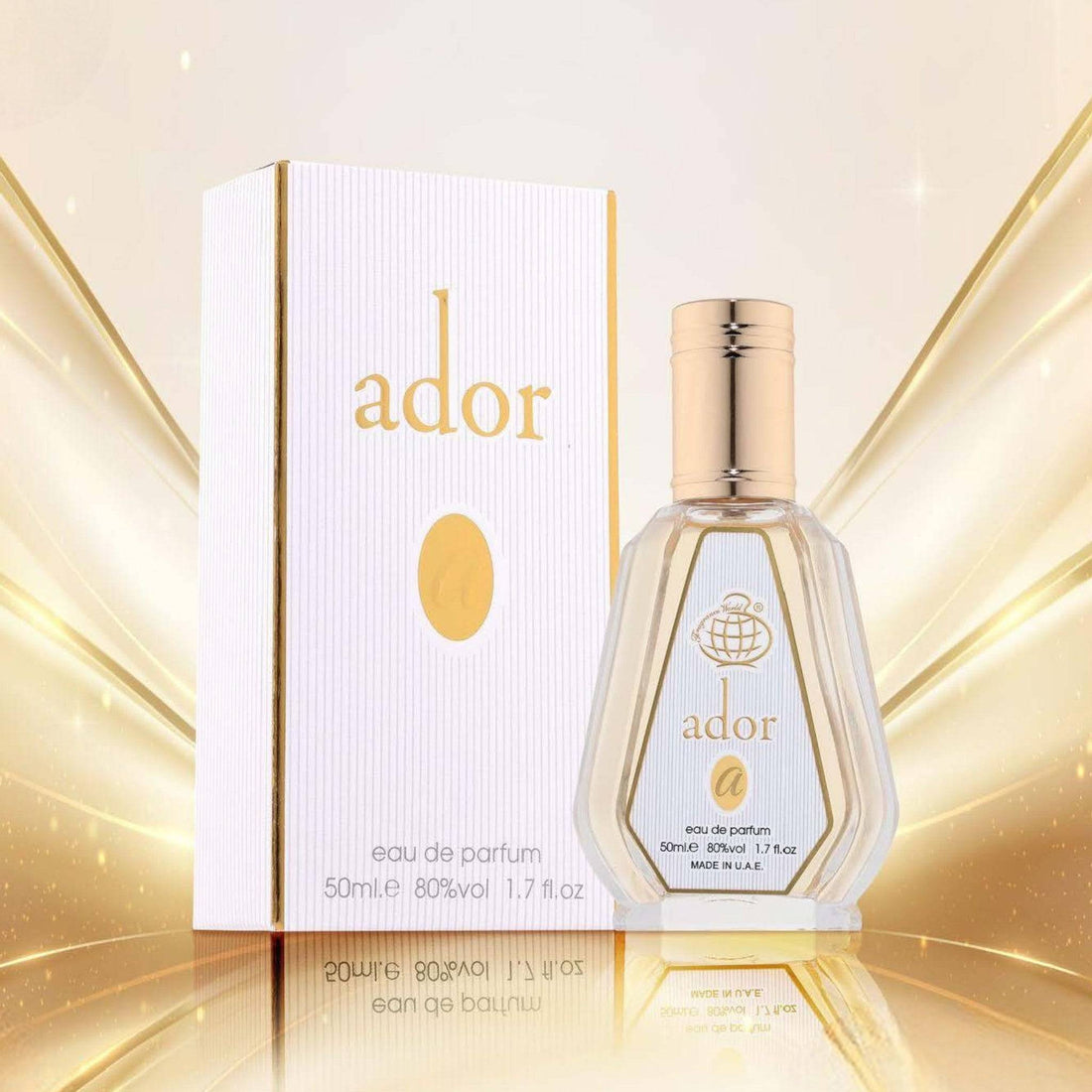 Sleek bottle of Ador Eau De Parfum by Fragrance World, exuding luxury with its golden hue and elegant design.