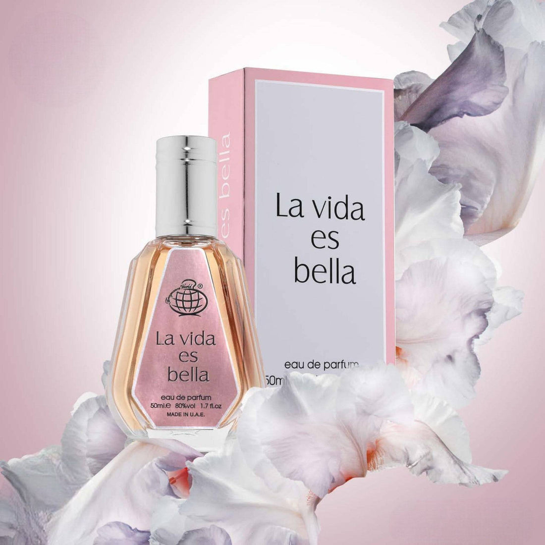 Elegant bottle of La Vida Es Bella EDP by Fragrance World, featuring notes of pear, blackcurrant, and floral blossoms.
