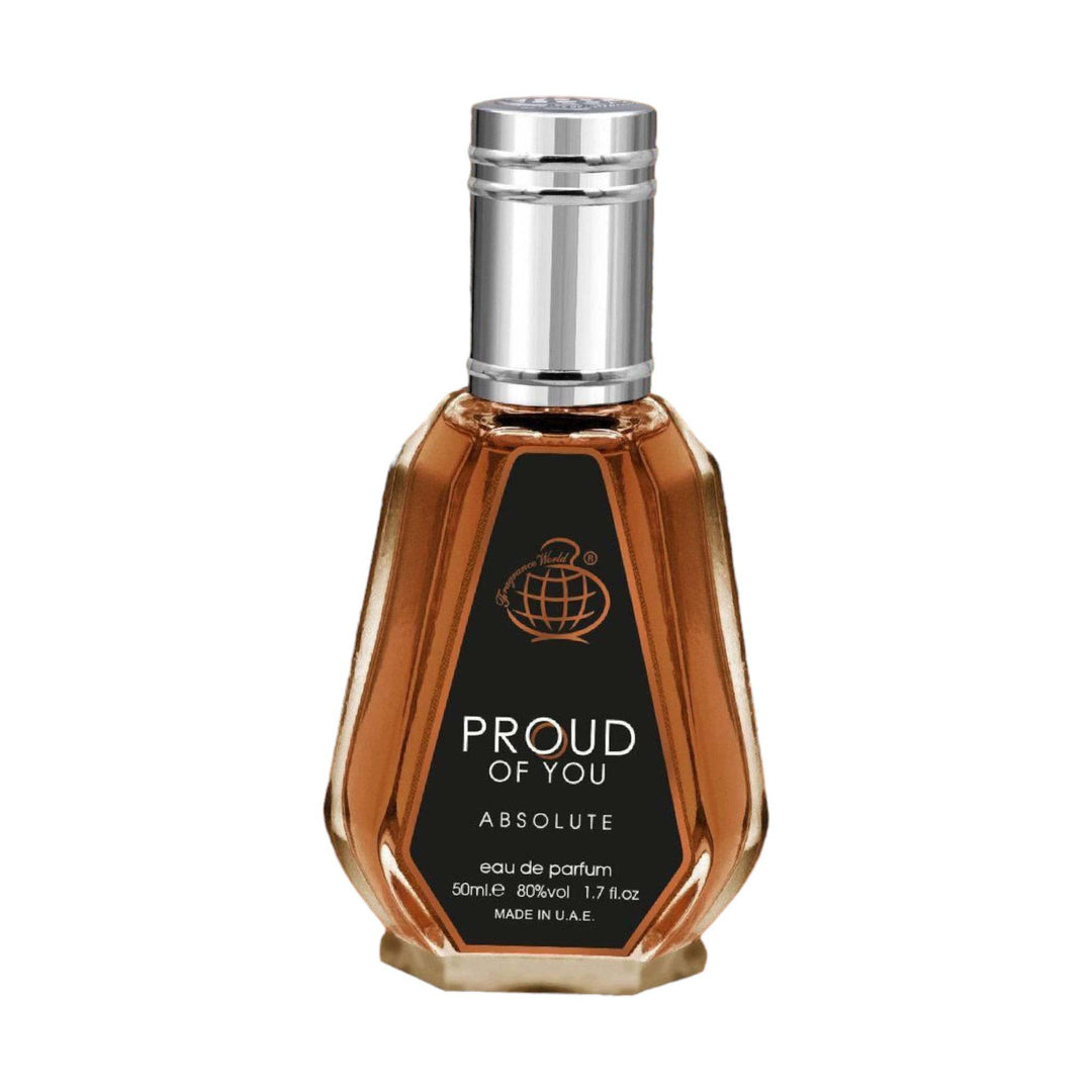 Bottle of Proud Of You Absolute Eau De Parfum by Fragrance World, displaying its sophisticated blend of bergamot, spices, and warm base notes.