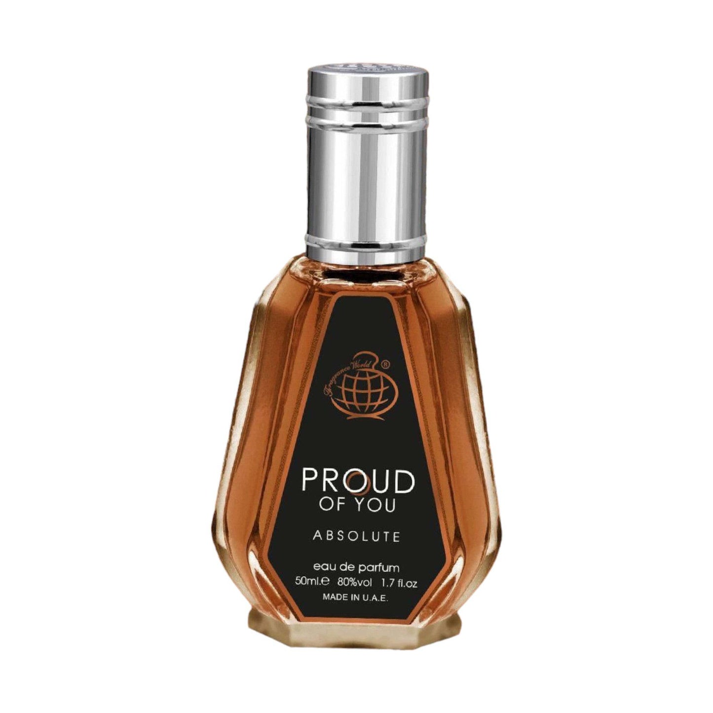 Bottle of Proud Of You Absolute Eau De Parfum by Fragrance World, displaying its sophisticated blend of bergamot, spices, and warm base notes.
