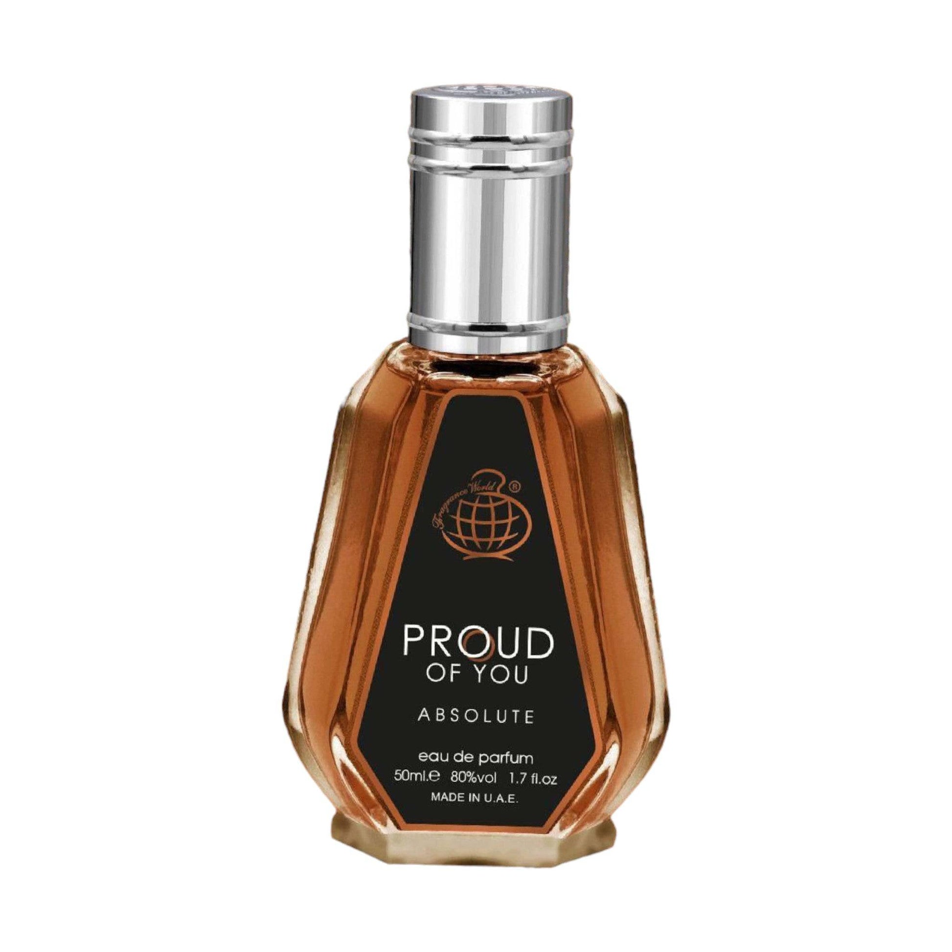 Bottle of Proud Of You Absolute Eau De Parfum by Fragrance World, displaying its sophisticated blend of bergamot, spices, and warm base notes.