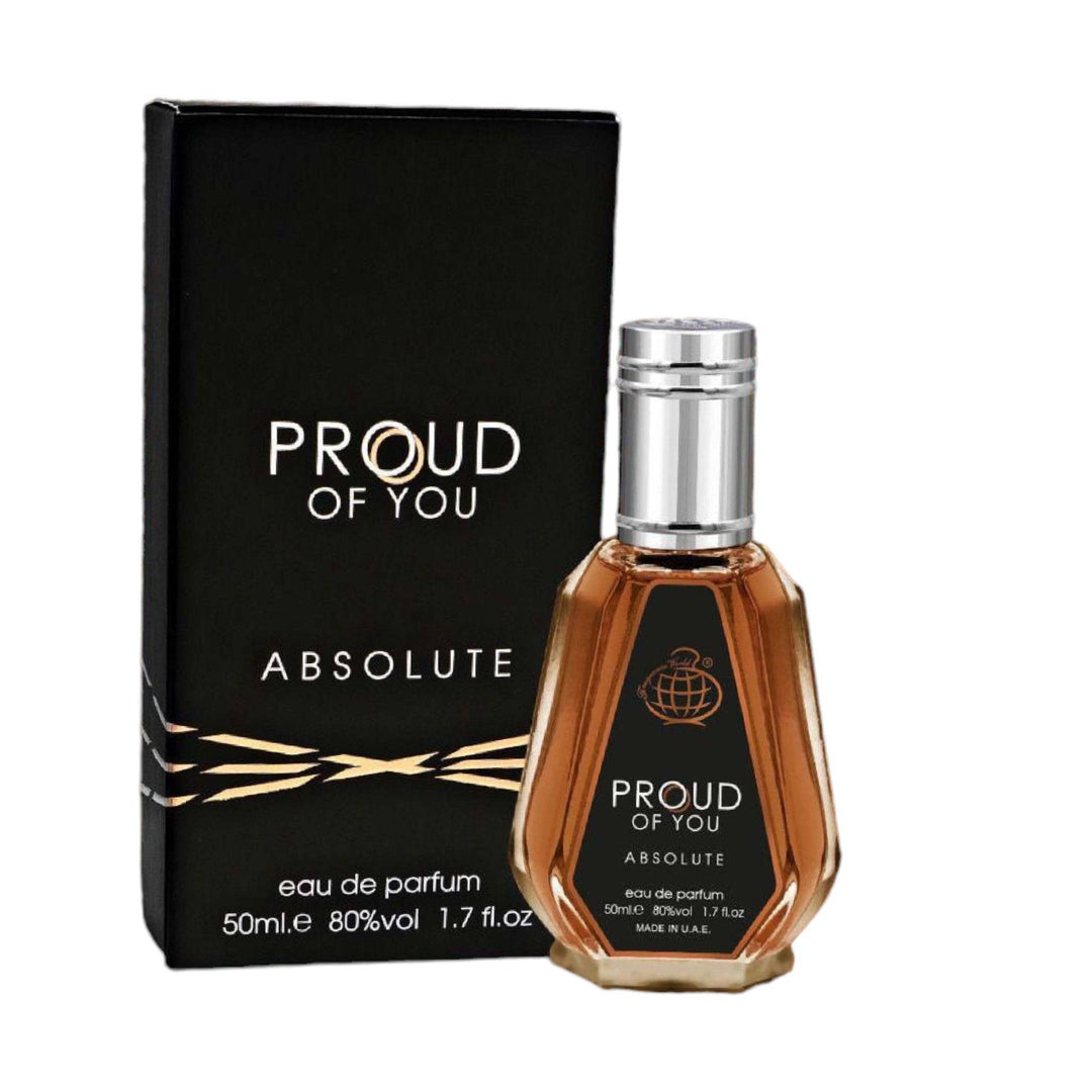 Bottle of Proud Of You Absolute Eau De Parfum by Fragrance World, displaying its sophisticated blend of bergamot, spices, and warm base notes.