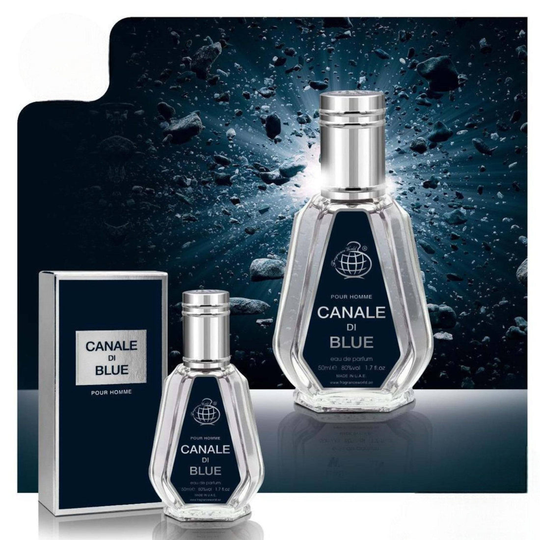 Elegant bottle of Canale Di Blue Eau De Parfum by Fragrance World, showcasing its refined and vibrant design with citrus and floral notes.