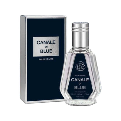 Elegant bottle of Canale Di Blue Eau De Parfum by Fragrance World, showcasing its refined and vibrant design with citrus and floral notes.