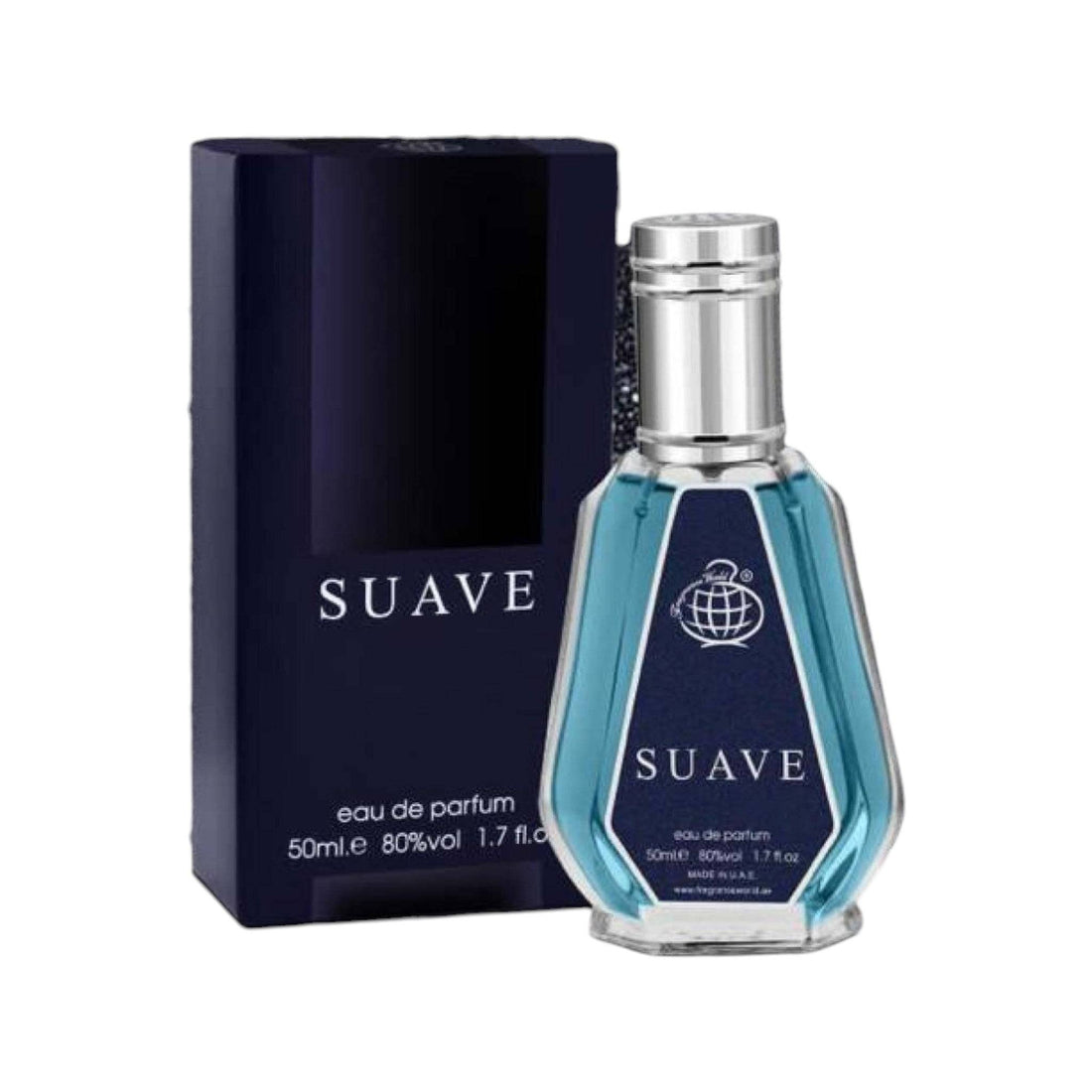 Elegant bottle of Suave Eau De Parfum by Fragrance World, showcasing its sleek design and the vibrant notes of pepper, bergamot, and a rich woody base.