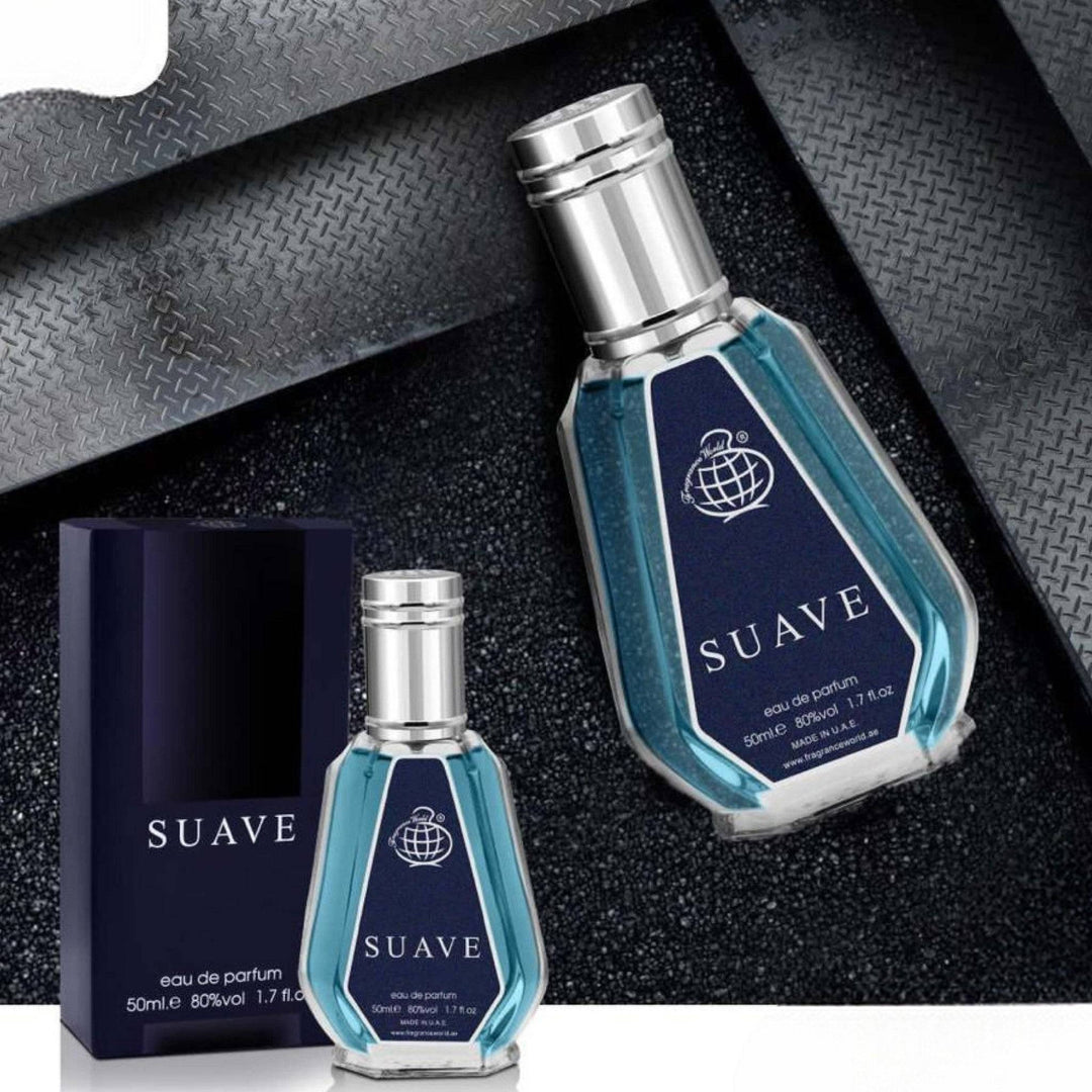 Elegant bottle of Suave Eau De Parfum by Fragrance World, showcasing its sleek design and the vibrant notes of pepper, bergamot, and a rich woody base.