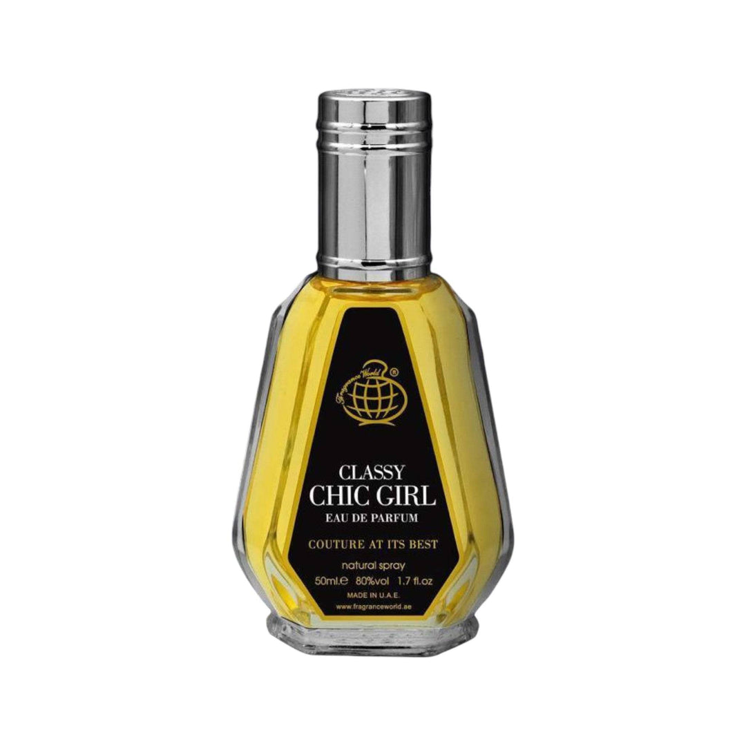 Sophisticated bottle of Classy Chic Girl EDP by Fragrance World, showcasing floral and rich gourmand notes.