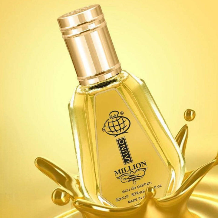 Elegant bottle of La Uno Million Eau De Parfum by Fragrance World, showcasing its golden accents and luxurious design.