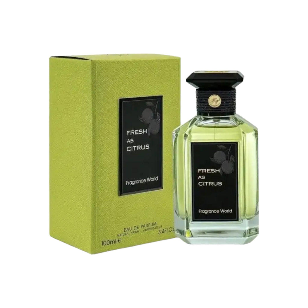 Bottle of Fresh As Citrus by Fragrance World, embodying the zesty essence of citrus and aromatic herbs.