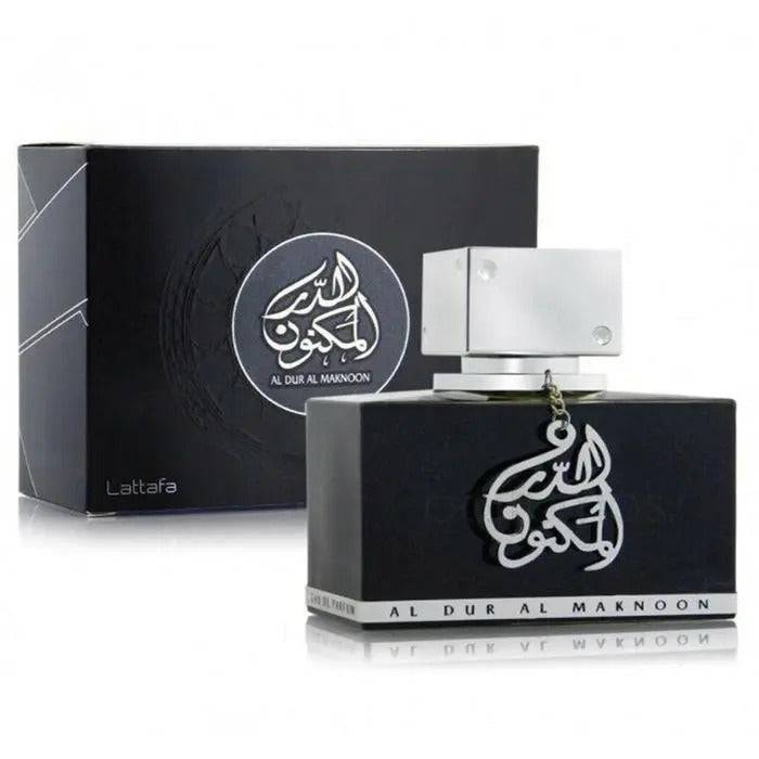 Beautifully designed glass bottle of the unisex Arabian perfume spray, Al Dur Al Maknoon, by Lattafa