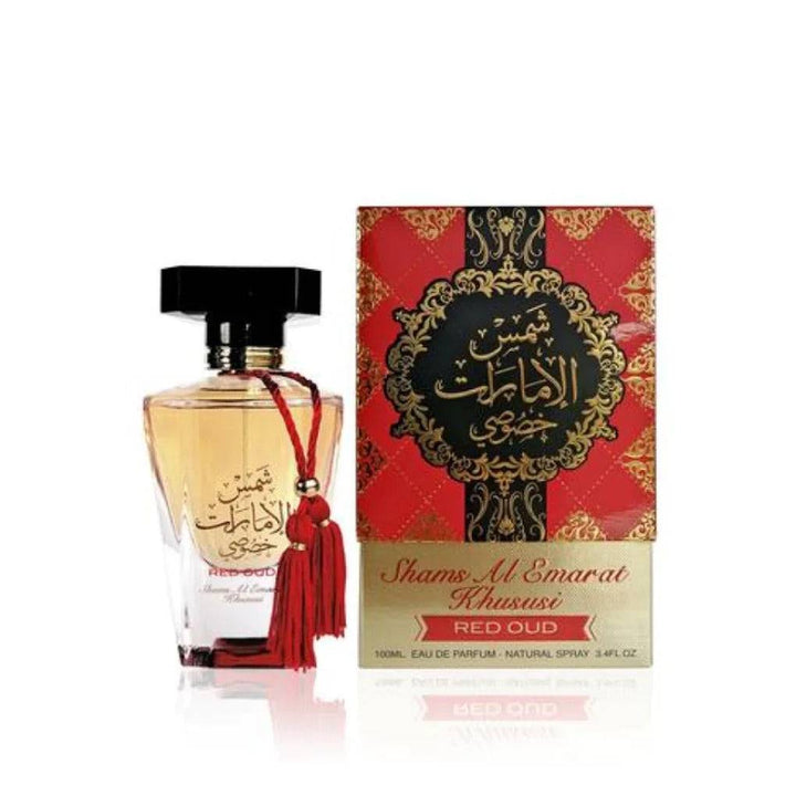 Image showing the elegant bottle of Shams Al Emarat Khususi Red Oud Eau De Parfum by Ard Al Zaafaran, reflecting an epitome of luxury and exquisiteness.