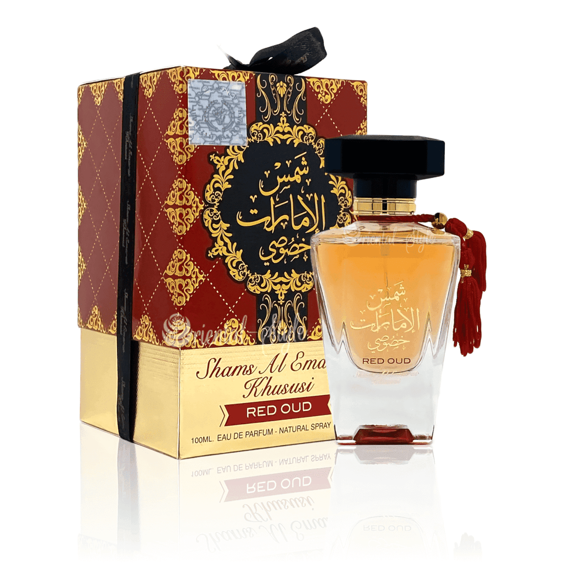 Image showing the elegant bottle of Shams Al Emarat Khususi Red Oud Eau De Parfum by Ard Al Zaafaran, reflecting an epitome of luxury and exquisiteness.