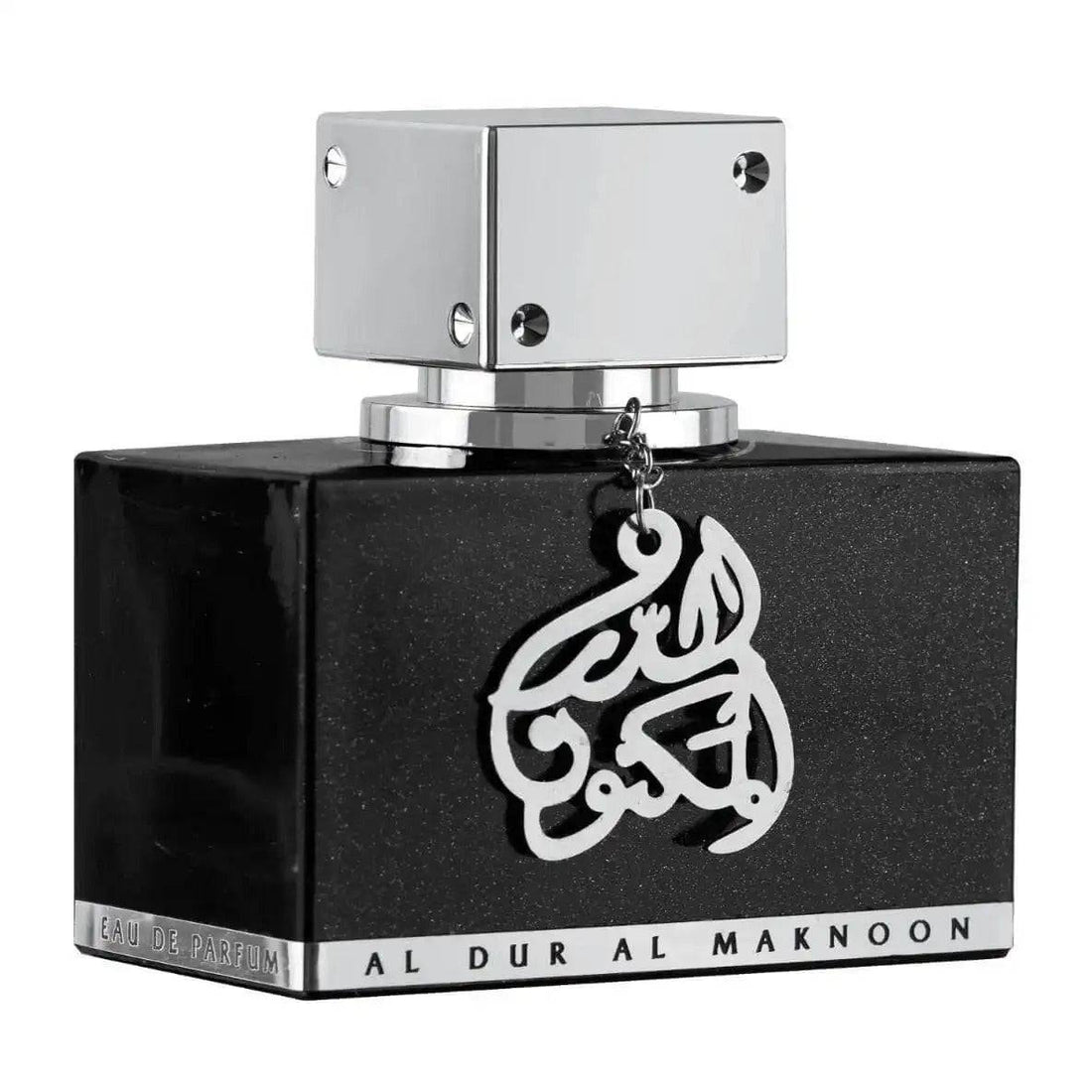 Beautifully designed glass bottle of the unisex Arabian perfume spray, Al Dur Al Maknoon, by Lattafa