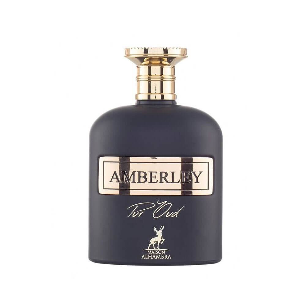 A Maison Alhambra Amberley Pur Oud perfume bottle radiating an exotic blend of energizing Oriental, Woody, and Aromatic notes, offering a long-lasting and exclusive scent experience.