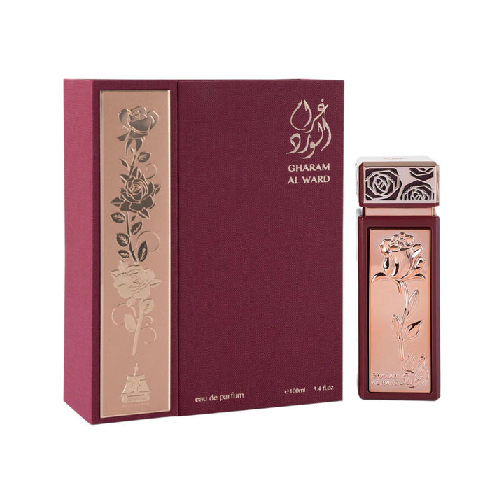 Elegant 100ml bottle of Bait Al Bakhoor Gharam Al Ward Eau De Parfum, embodying the luxurious and royal essence of the damascene rose.