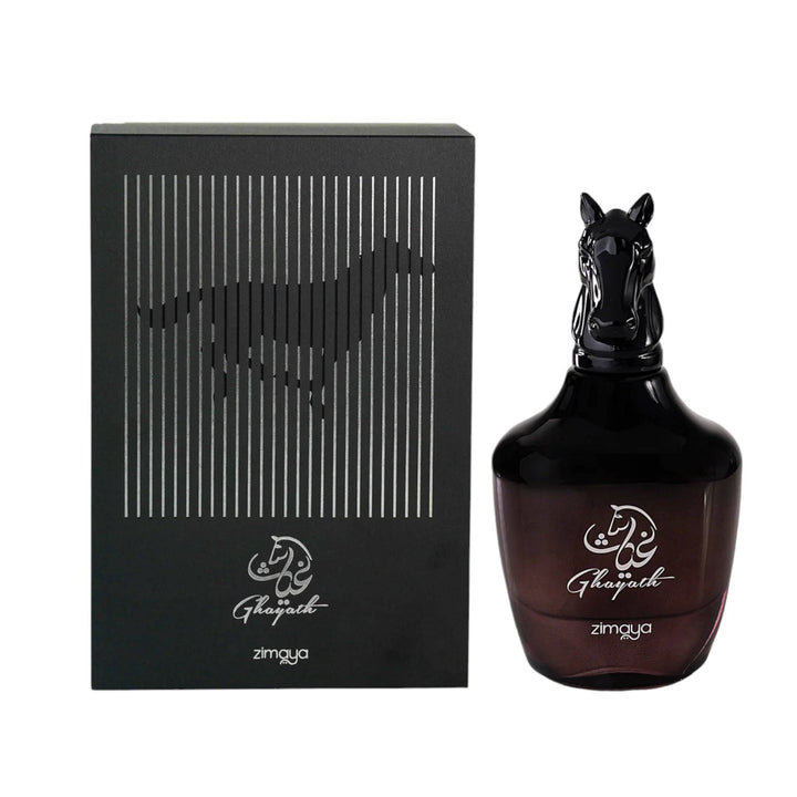 Elegant 100ml bottle of Zimaya Ghayath Eau De Parfum, capturing the essence of its rich leathery and floral fragrance.