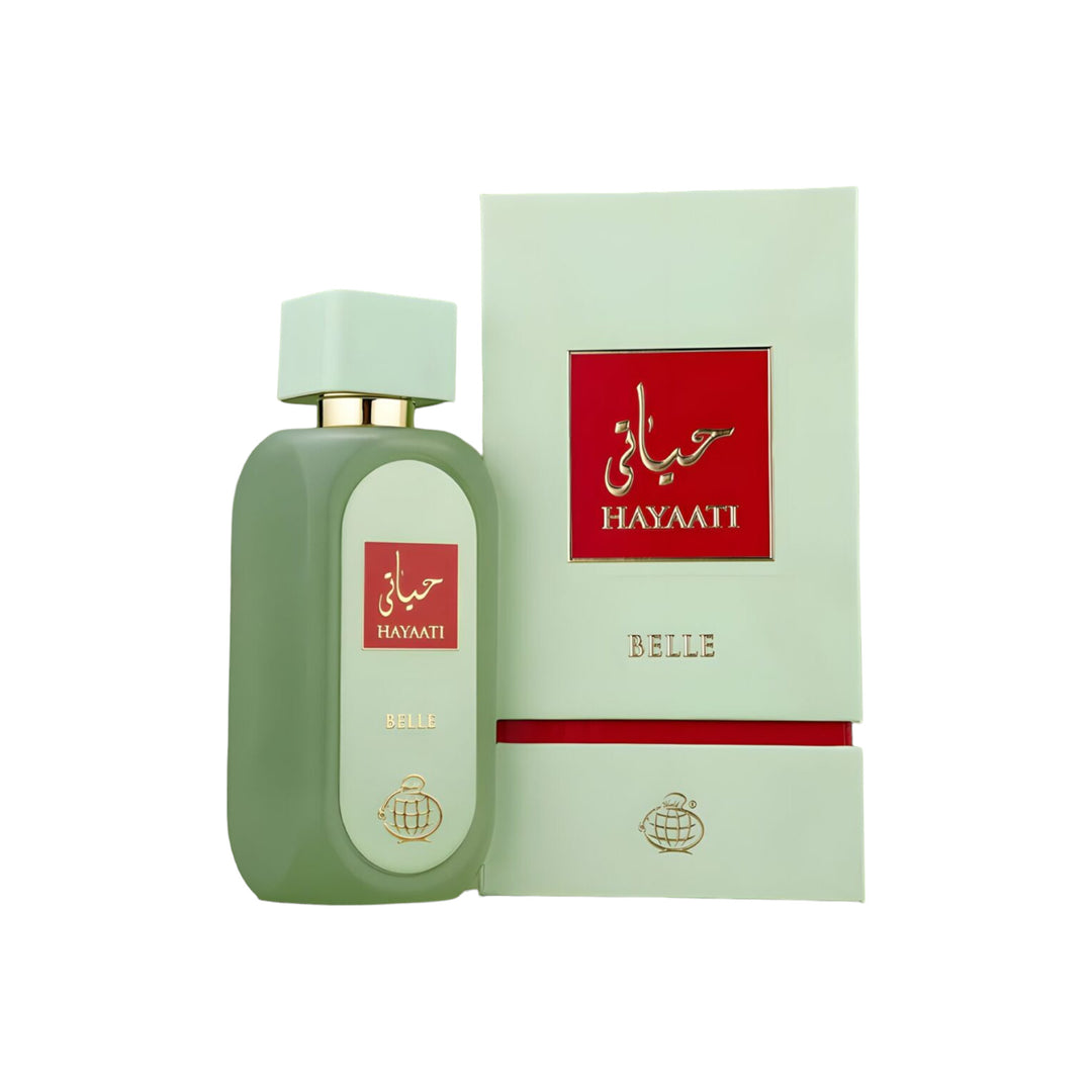 Hayaati Belle 100ml EDP by Fragrance World bottle showcasing an elegant perfume for modern women.