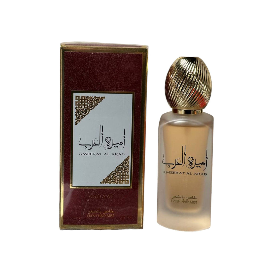 Elegant bottle of Ameerat Al Arab Fresh Hair Mist by Asdaaf, showcasing the luxurious hair fragrance.