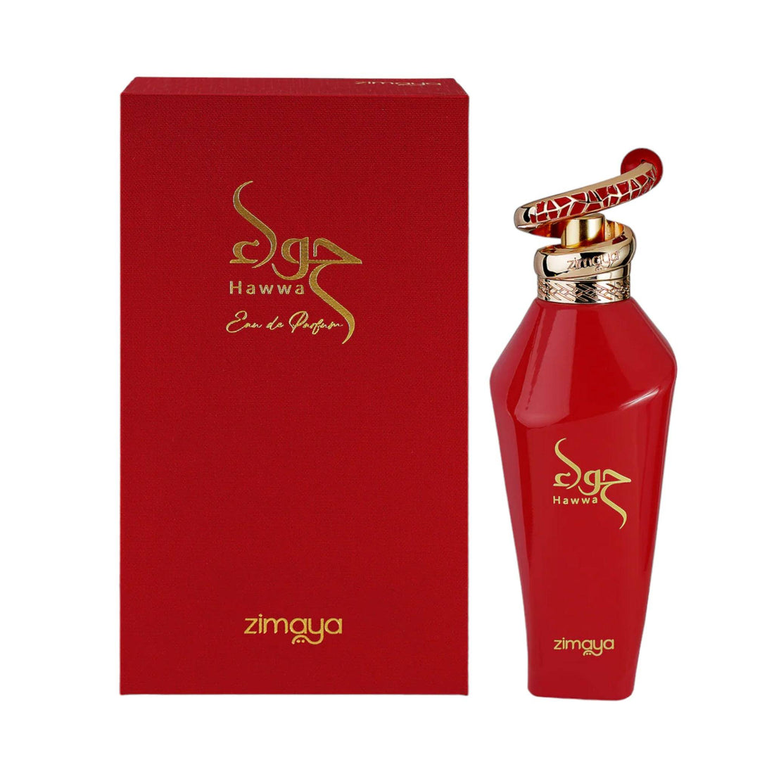 Striking 100ml bottle of Zimaya Hawwa Red Eau De Parfum, encapsulating its bold and charismatic fragrance.