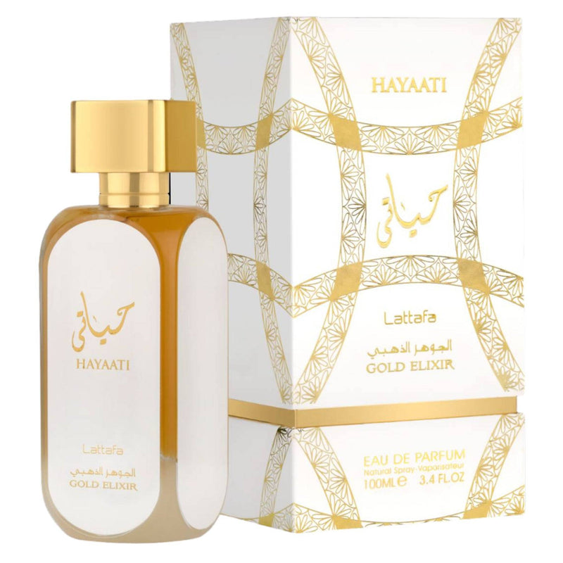 Opulent bottle of Hayaati Gold Elixir Perfume by Lattafa Perfumes, showcasing its exclusive and luxurious design.