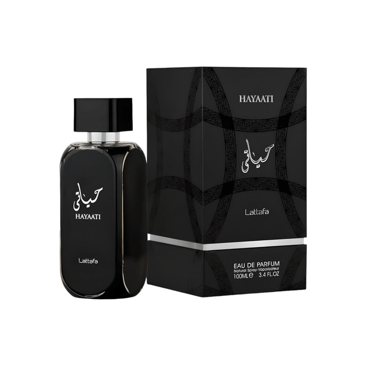 Bottle of Hayaati Eau De Parfum by Lattafa, symbolizing the modern gentleman's vitality.