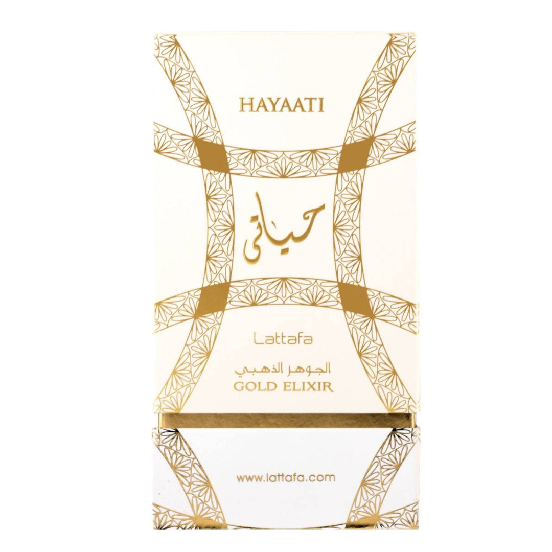 Opulent bottle of Hayaati Gold Elixir Perfume by Lattafa Perfumes, showcasing its exclusive and luxurious design.