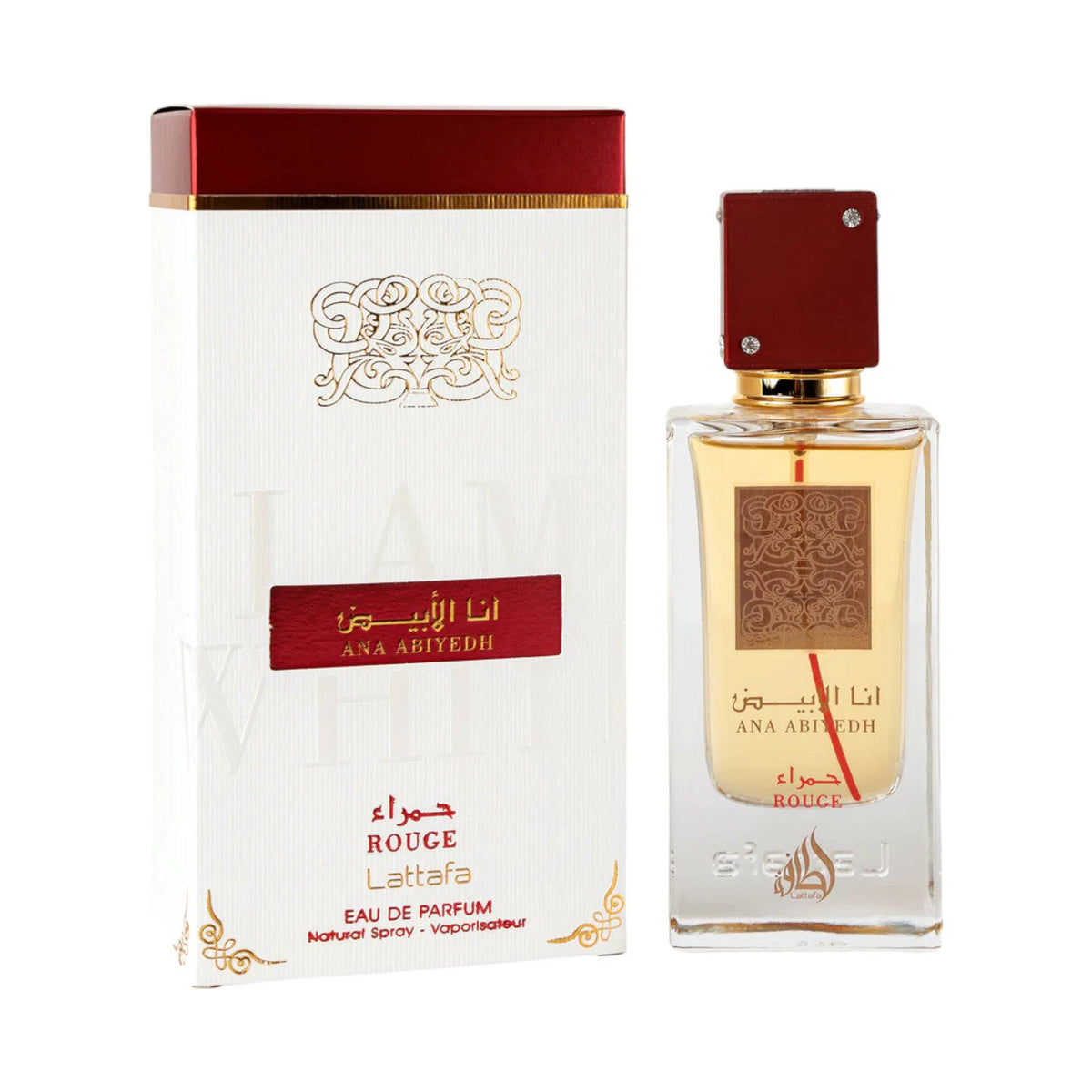 Ana Abiyedh Rouge Perfume by Lattafa, set against a backdrop that evokes its warm, spicy, and harmonious essence.