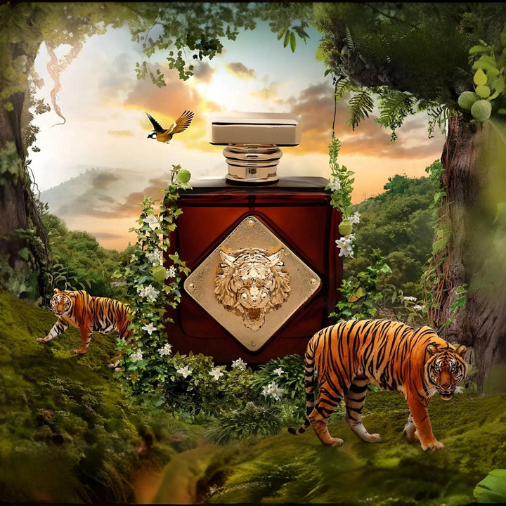 Artistic depiction of Apex's fragrance notes - cardamom, cinnamon, cumin, black pepper, saffron, vanilla, patchouli, tobacco, and cedar, illustrating the scent's captivating and complex nature.