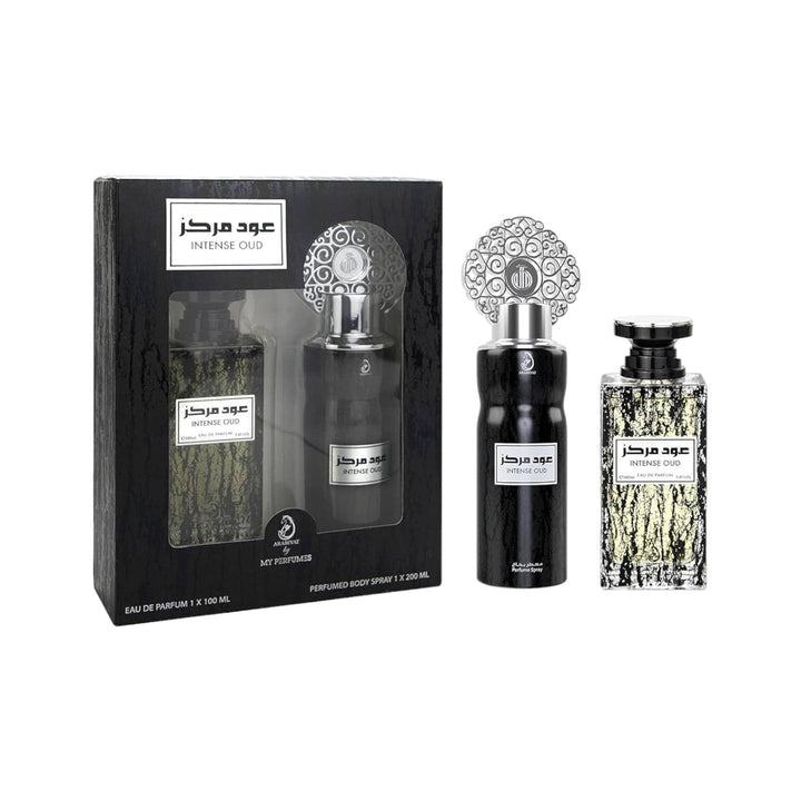 Elegant Arabiyat Intense Oud Gift Set, showcasing the luxury Eau De Parfum and Perfume Spray bottles.