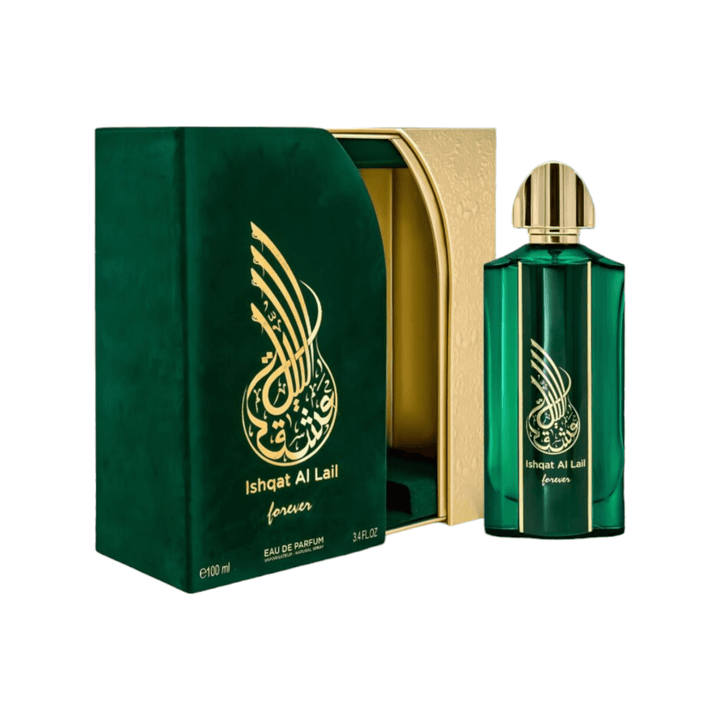 Elegant bottle of Ishqat Al Lail Forever Eau De Parfum, capturing the essence of eternal love with vanilla, oud, and lavender notes.